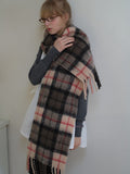 Model in a grey sweater and white dress, wearing a large plaid scarf with fringe.