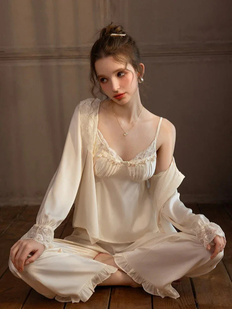 Lace Trim Satin 3-Piece Pajama Set - WEUXS