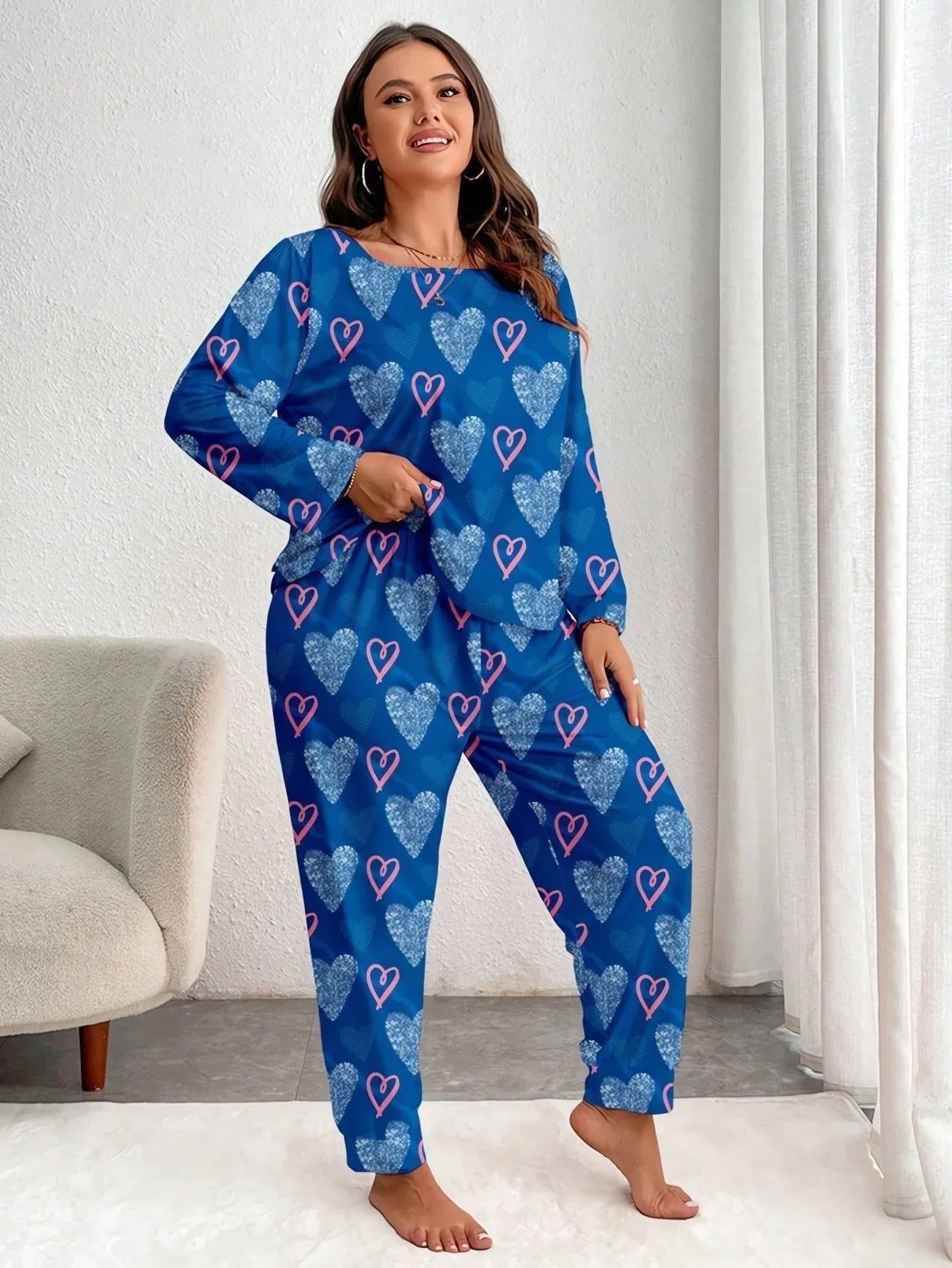 Plus Size Pink Heart Print Jogger Pajama Set - WEUXS