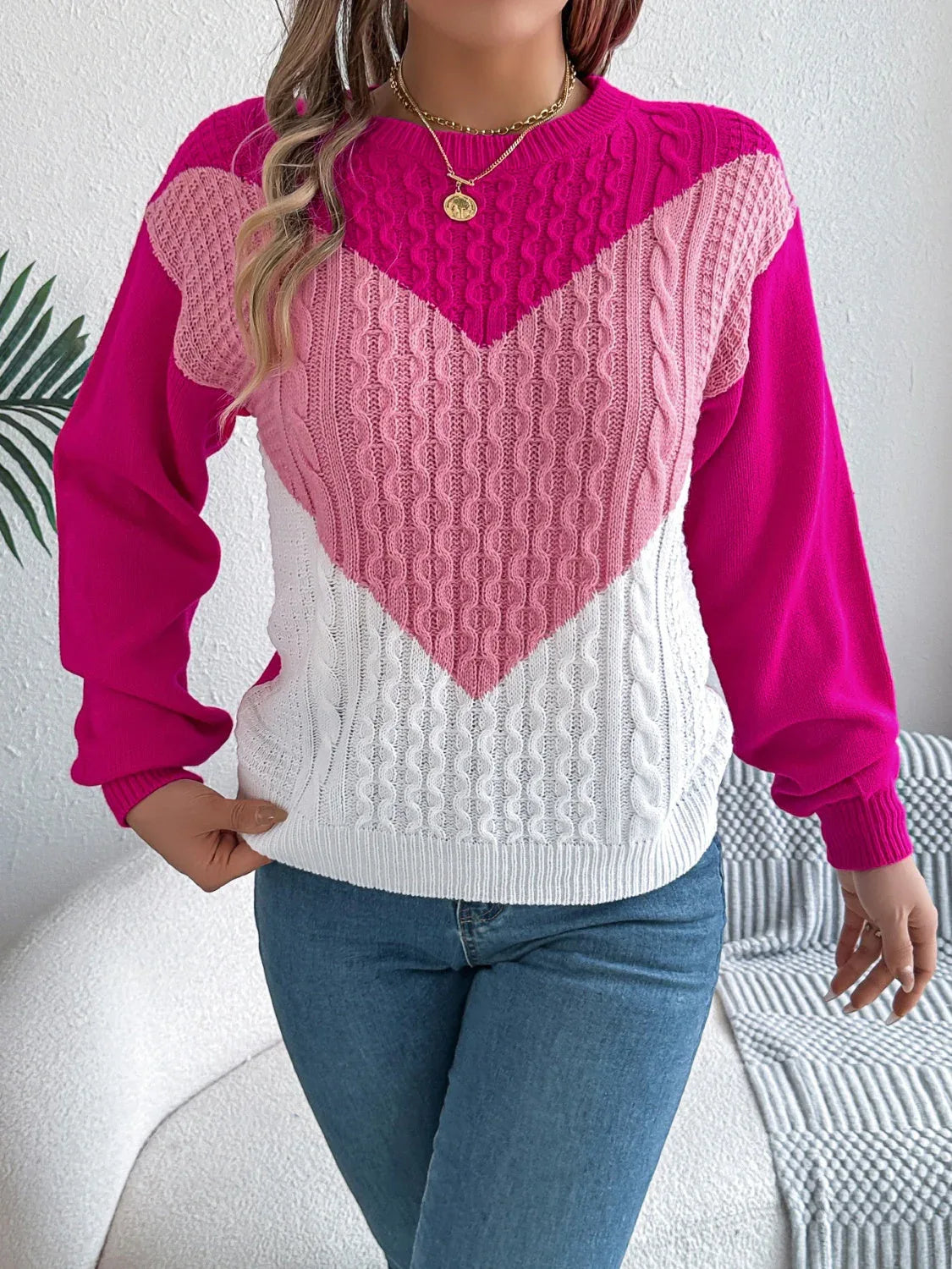 Colorblock cable knit sweater - View 13 | WEUXS