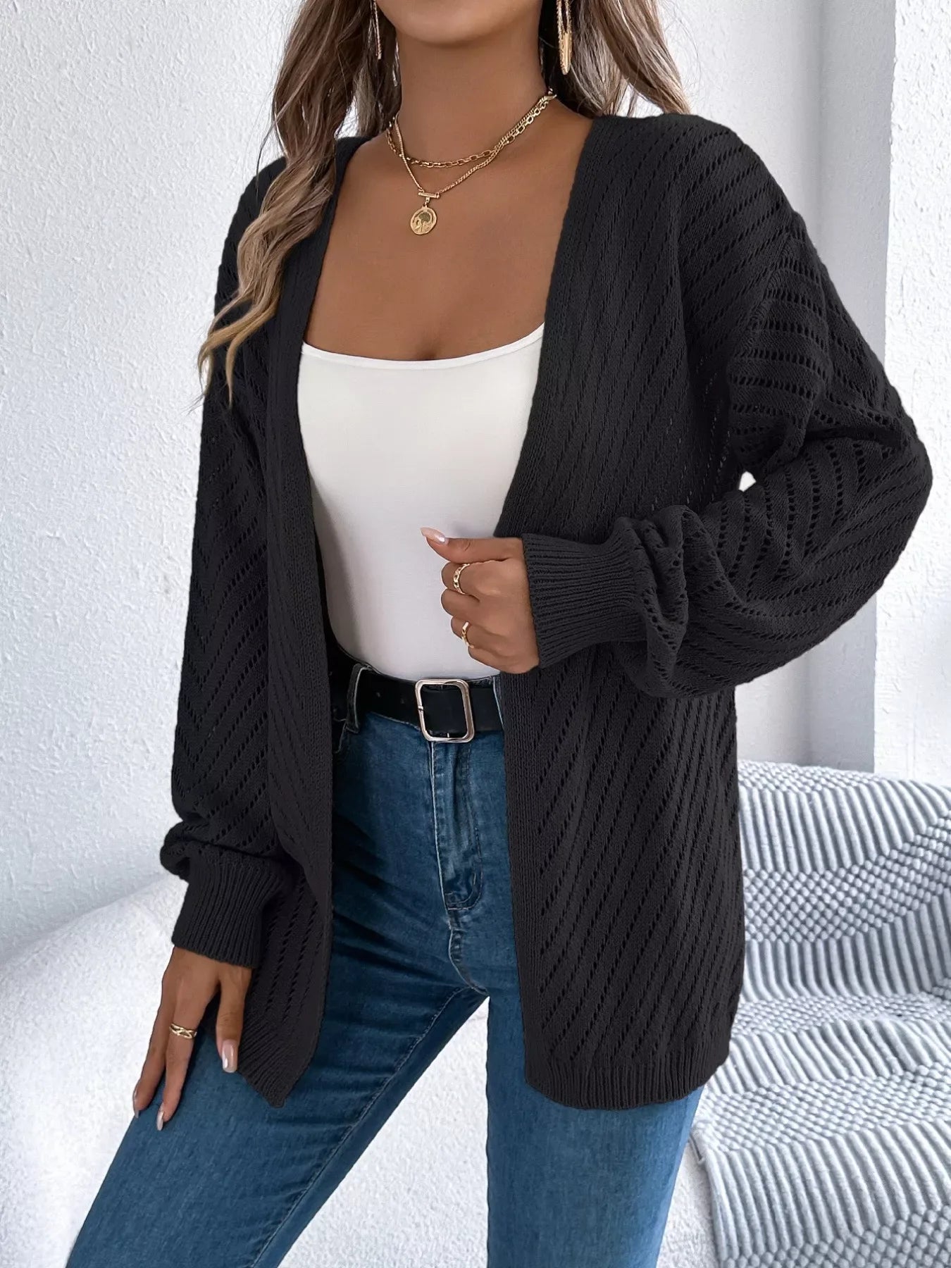 White pointelle knit cardigan - View 10 | WEUXS