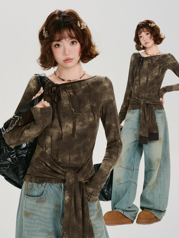 Collage showing a woman in a long-sleeve brown tie-front top with a tie-neck detail and acid wash effect, styled with wide-leg jeans.