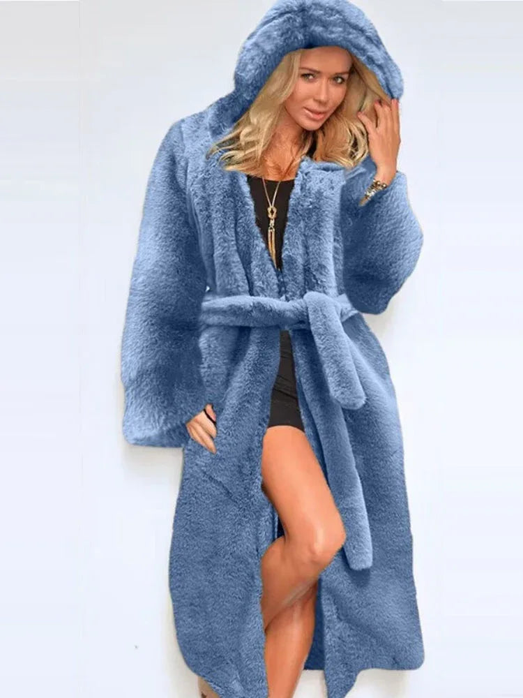 Midnight Noir Hooded Faux Mink Long Coat - View 7 | WEUXS