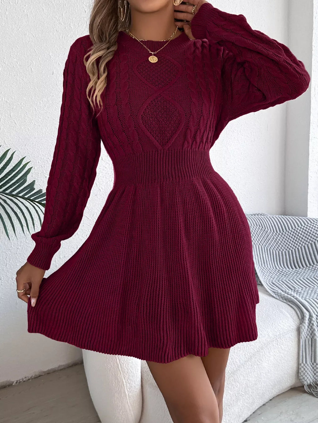 woman wearing a cable knit A-line sweater dress - View 10 | WEUXS