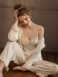 Lace Trim Satin 3-Piece Pajama Set - WEUXS