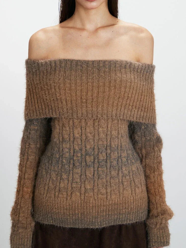 Mocha Ombre Off-Shoulder Fuzzy Knit Sweater - View 6 | WEUXS