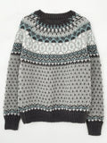 Grey and blue Fair Isle knit sweater laid flat