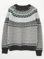 Grey and blue Fair Isle knit sweater laid flat