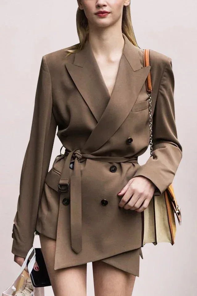 Woman wearing a brown double-breasted blazer dress with a belted waist. Main image