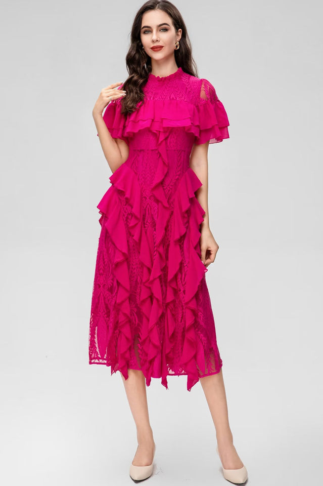 Oriana Pink Solid Lace Frill Midi Dress | Dress In Beauty