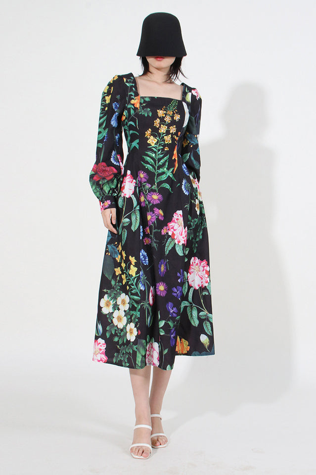 Printed Long Sleeve Cotton-Blend Midi Dress | Dress In Beauty