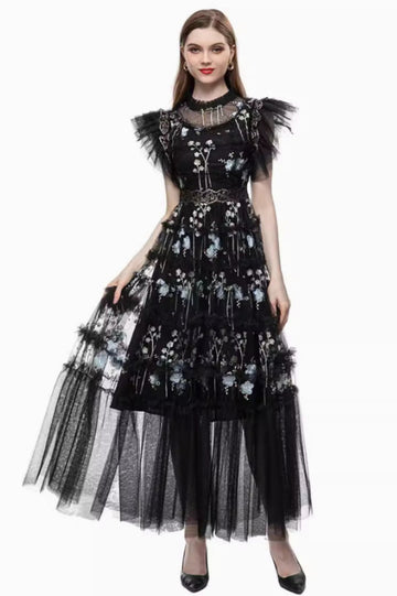 Embroidered Floral Mesh Long Dress | Dress In Beauty