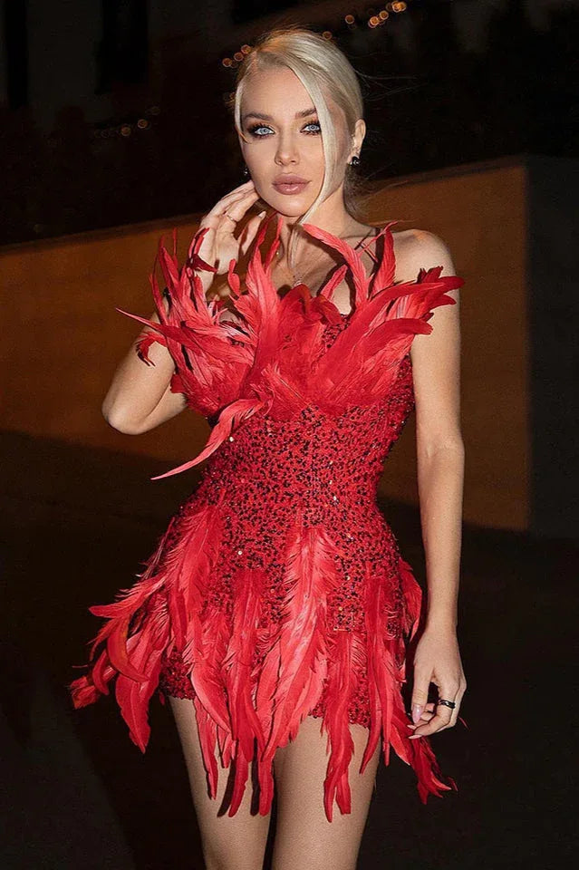 Red sequin and feather mini dress with strapless neckline