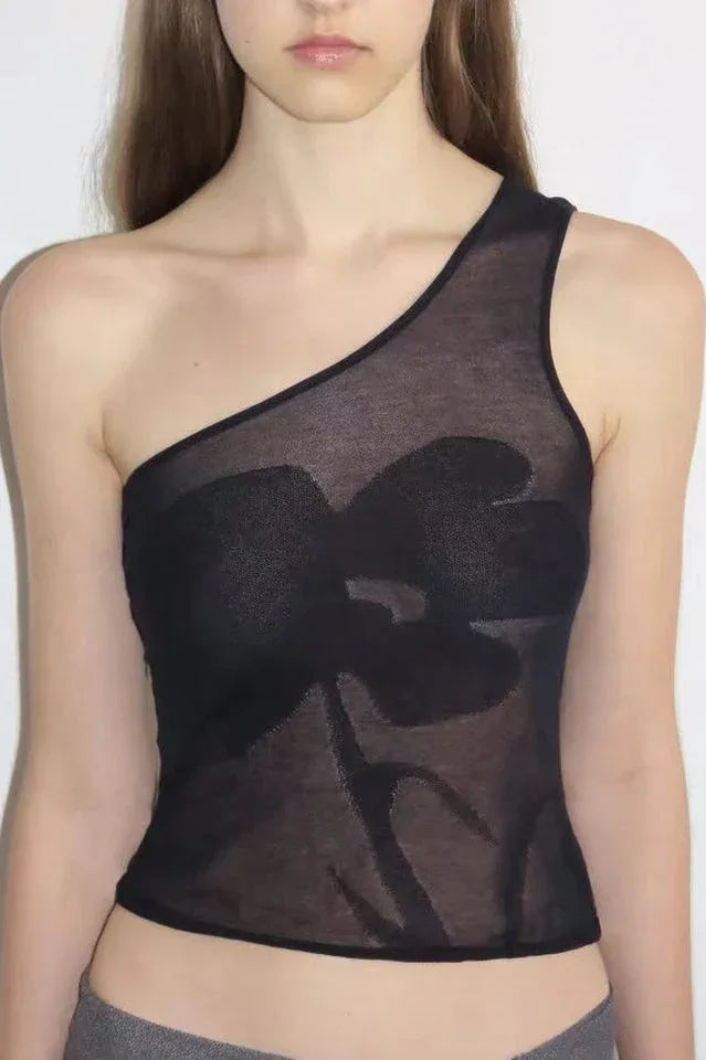 Woman wearing a black asymmetric one shoulder top with floral jacquard Main image