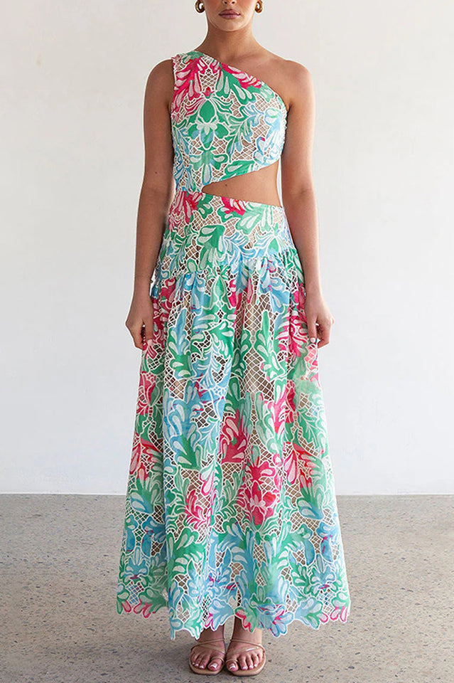 Botanical Print One Shoulder Frill Midi Dress | Dress In Beauty