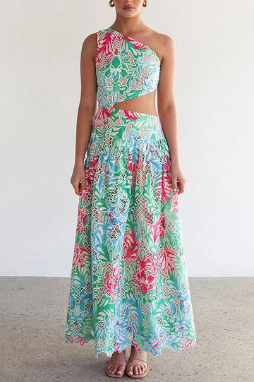 Botanical Print One Shoulder Frill Midi Dress | Dress In Beauty