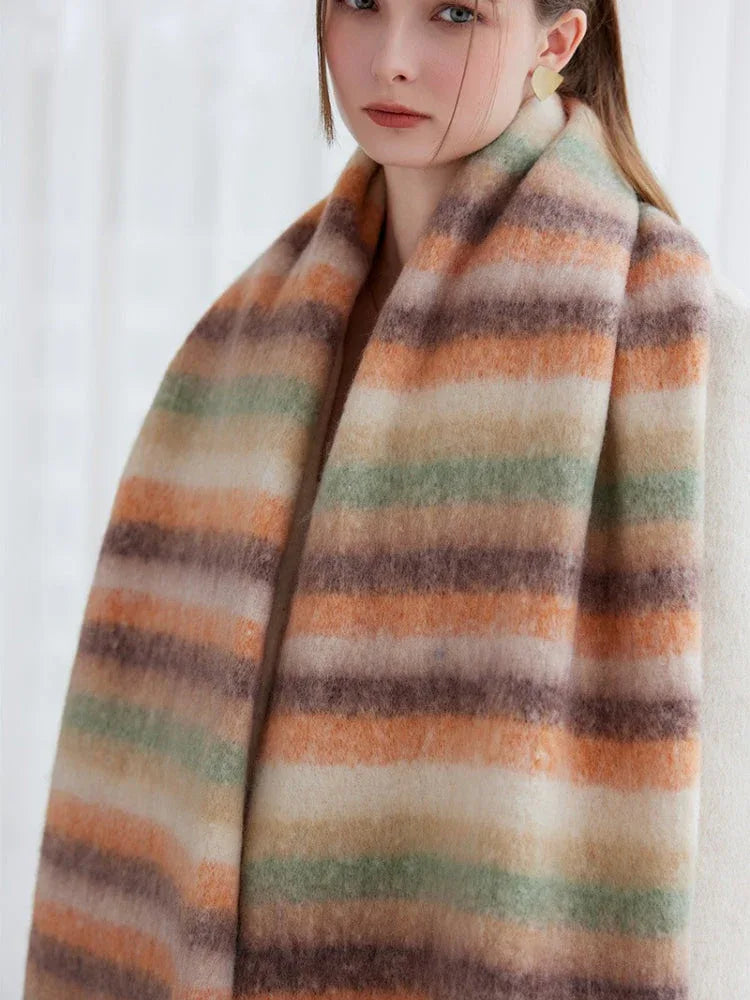 Oversized green gradient striped scarf with fringed edges - View 10 | WEUXS