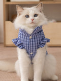 A cat wearing a blue plaid pet vest with ruffled sleeves and a stand-up collar.