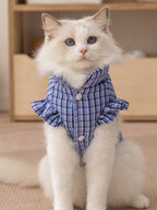 A cat wearing a blue plaid pet vest with ruffled sleeves and a stand-up collar.