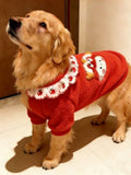 Golden Retriever dog wearing a red fleece dog sweater with a white ruffled collar and embroidered strawberry pattern, looking up