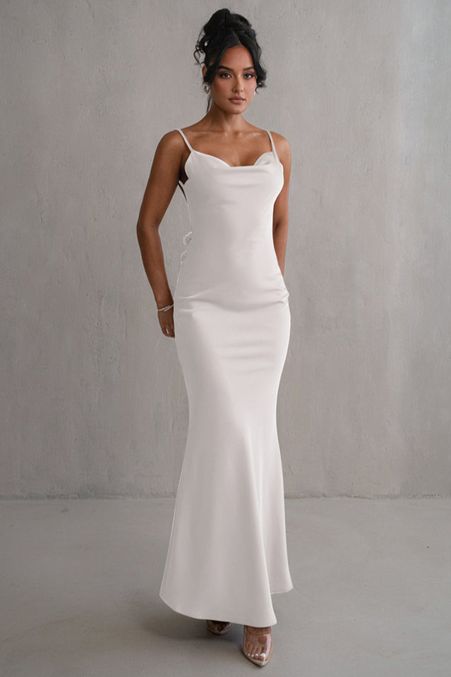 Ivory Floral Trims Satin Gown | Dress In Beauty