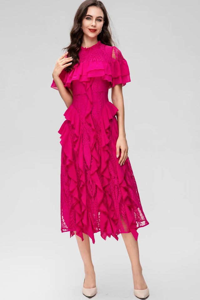 Oriana Pink Solid Lace Frill Midi Dress | Dress In Beauty