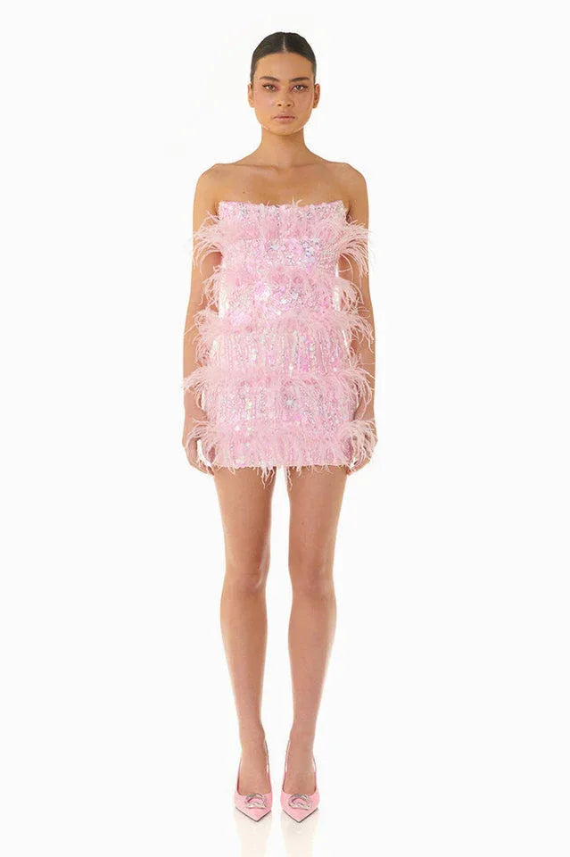 Senara Strapless Sequin Feather Mini Dress - WEUXS