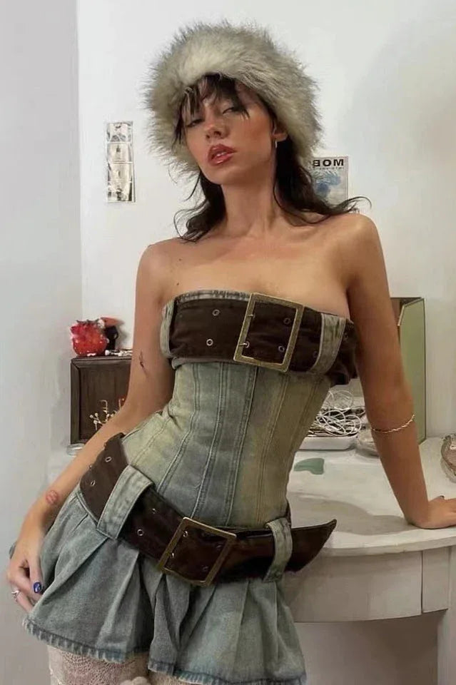 Blue distressed denim kilt mini dress with corset detailing and detachable belt - View 10 | WEUXS