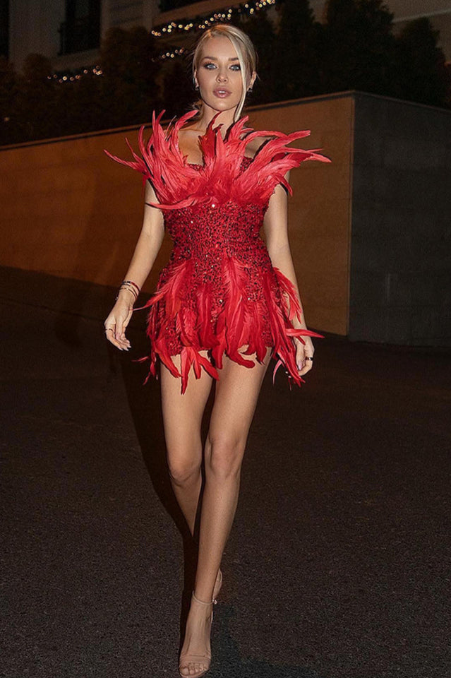 Strapless Sequin Feather Embellished Mini Dress | Dress In Beauty