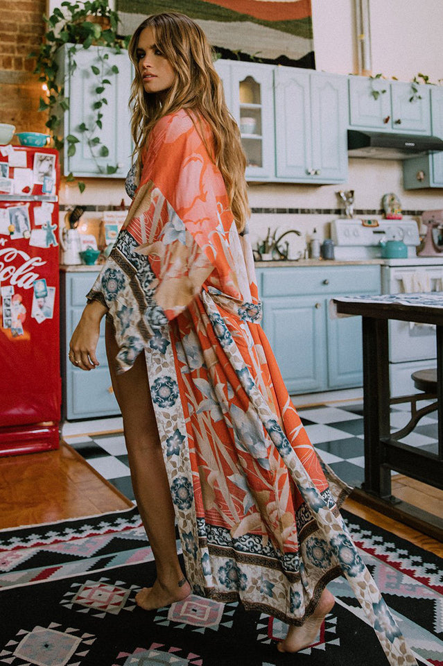 Floral Crane Print Kimono With Belt | Dress In Beauty