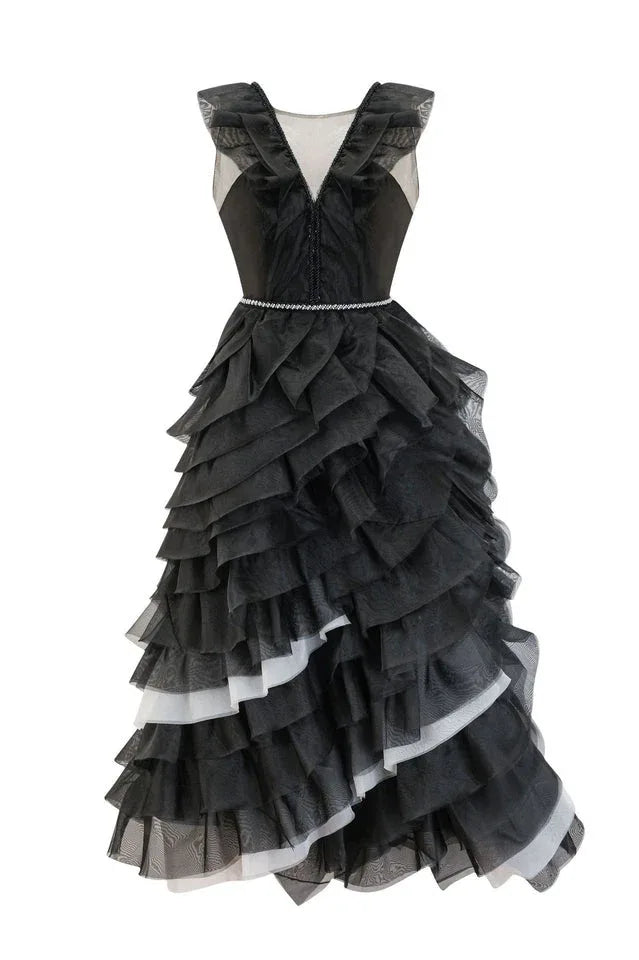 Black tiered ruffle ball gown with v-neck and beaded belt Main image
