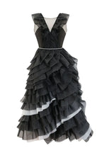 Black tiered ruffle ball gown with v-neck and beaded belt