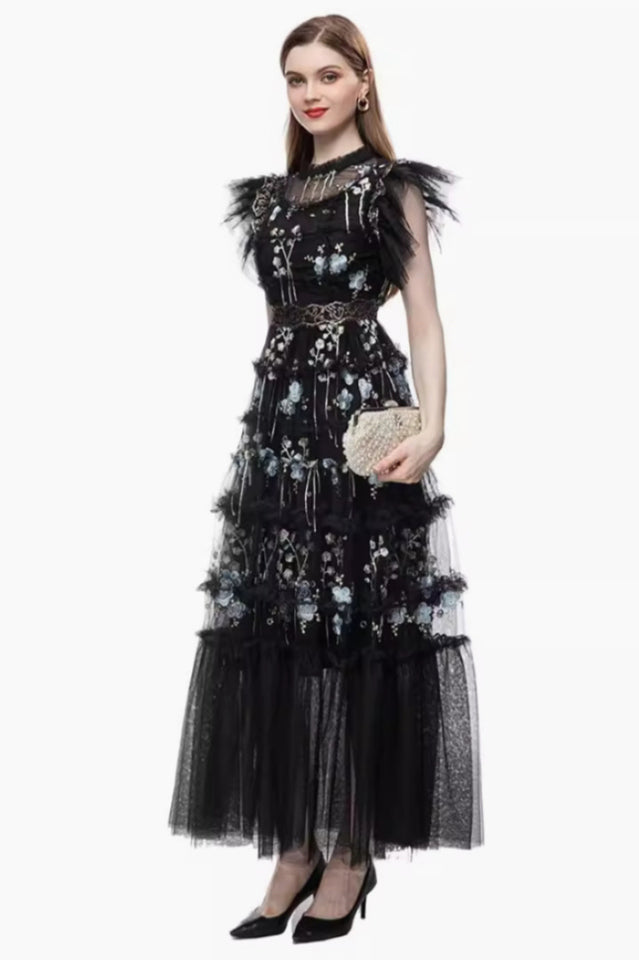 Embroidered Floral Mesh Long Dress | Dress In Beauty