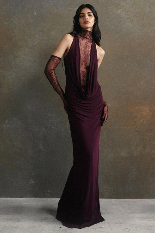 Evelyn Plunging Cowl Lace Bodice Maxi Dress | Dress In Beauty