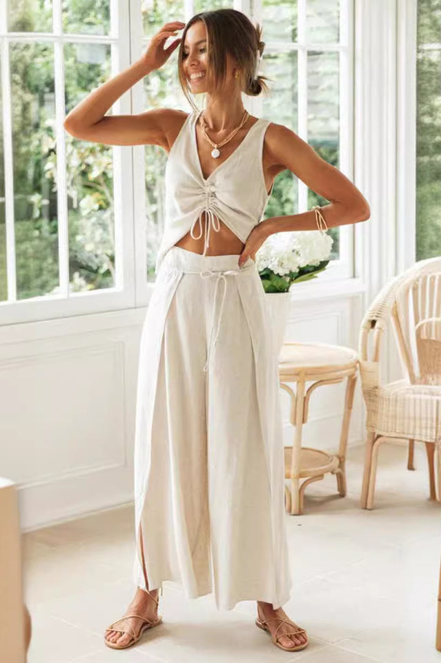 Short Sleeve Top Split Trousers Set | Dress In Beauty