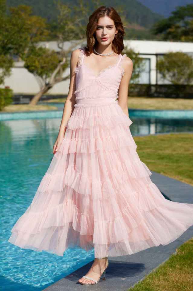 Ruffle V Neck Tiered Tulle Evening Dress | Dress In Beauty