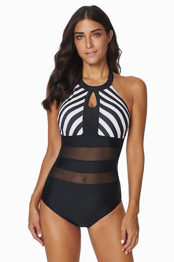 Halter Stripes High Neck One Piece Swimsuit | Dress In Beauty