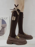 Brown ribbed cotton crew socks with 3D rabbit doll embellishment - View 7 | WEUXS