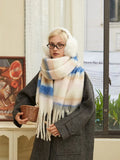 Pastel Blue & White Block Stripe Oversized Scarf - WEUXS