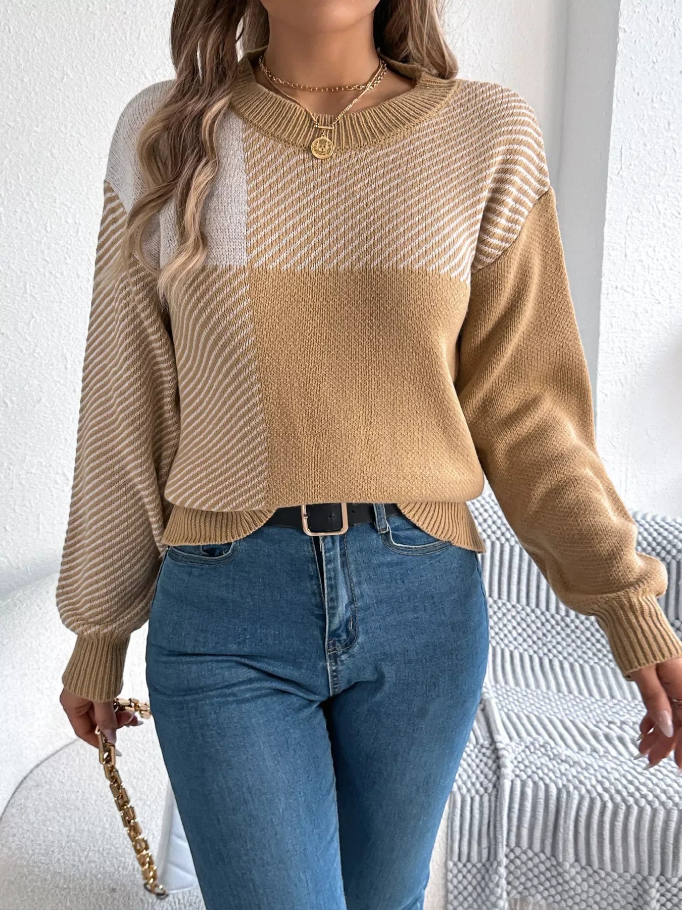 Modern Geometric Khaki Knit Sweater - WEUXS