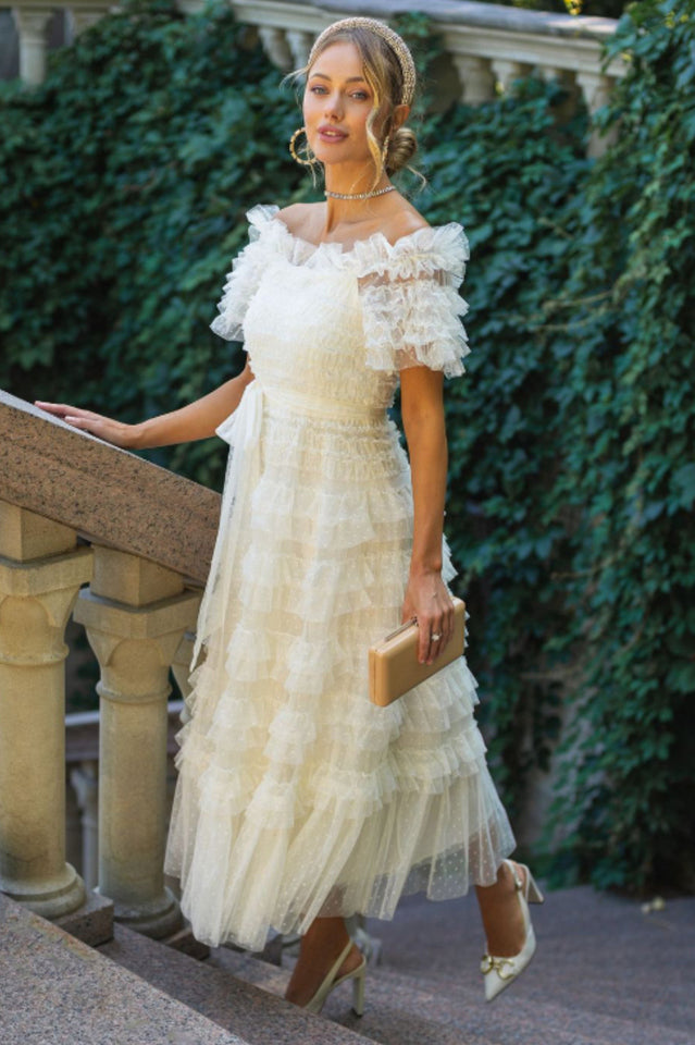 Off Shoulder Dotted Tulle Maxi Dress | Dress In Beauty