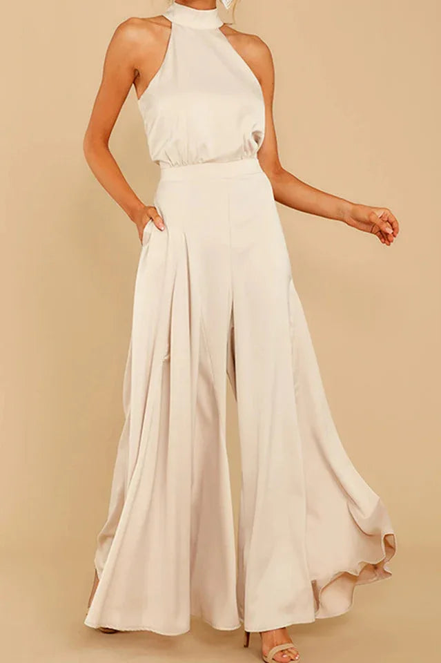 Satin wide leg halter neck jumpsuit - View 9 | WEUXS
