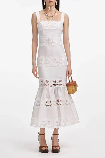 White Linen Lace Insert Midi Dress | Dress In Beauty