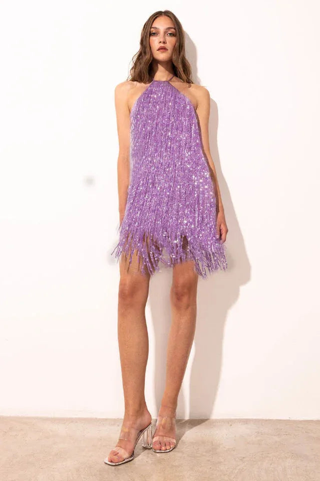 Metallic fringe mini dress with halter neckline - View 6 | WEUXS