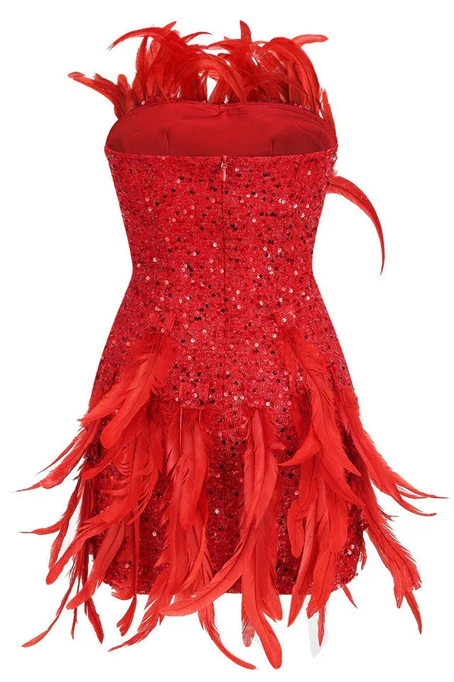 Back view of a red sequin and feather mini dress with zipper closure