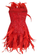 Back view of a red sequin and feather mini dress with zipper closure