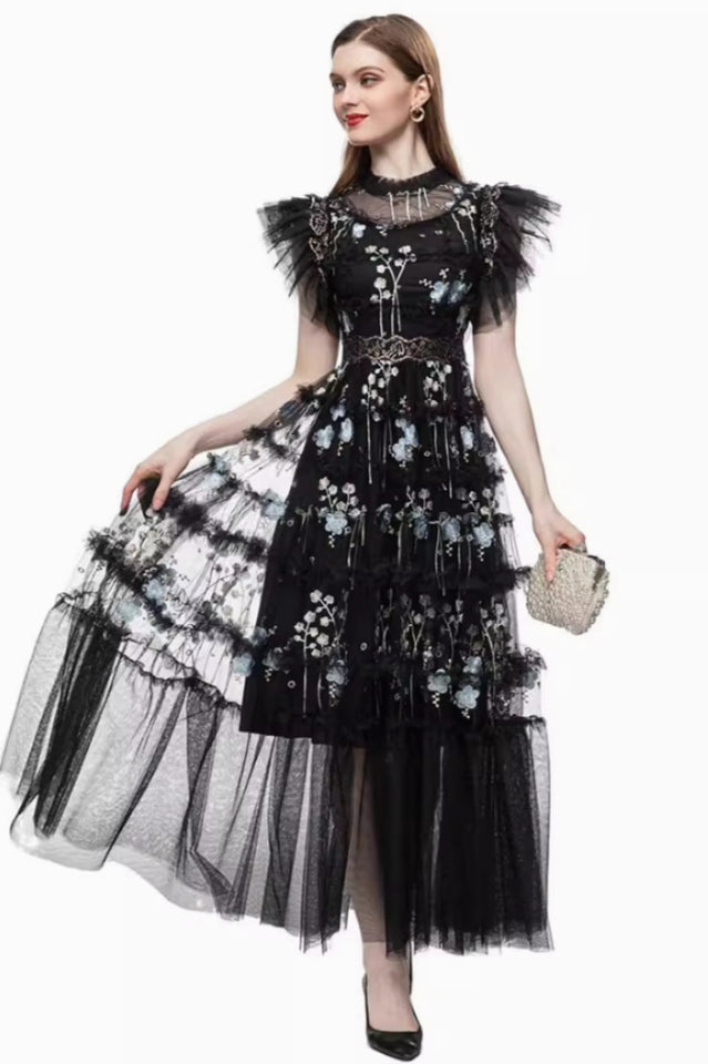 Embroidered Floral Mesh Long Dress | Dress In Beauty