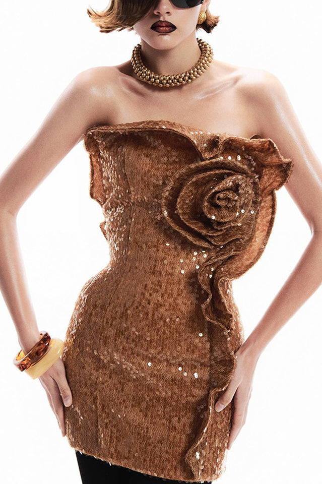 Strapless Sequin Floral Ruffle Dress | Dress In Beauty