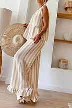Side view of a woman in a striped linen blend set