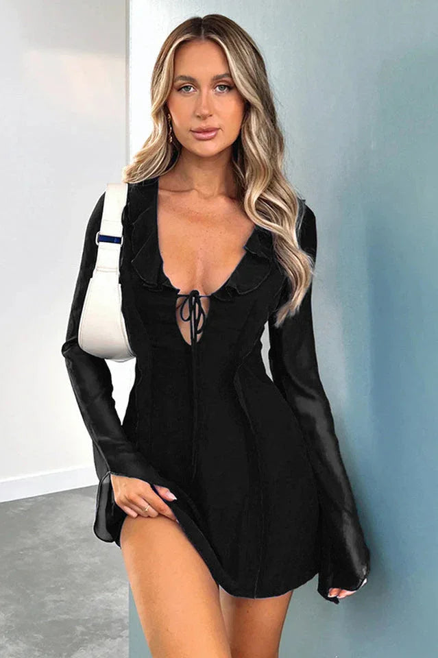 Mesh mini dress with bell sleeves and tie front - View 7 | WEUXS